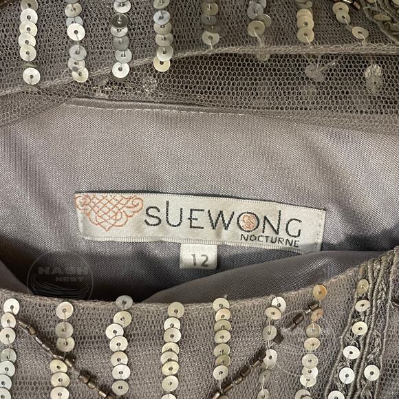 SUE WONG 12 Champagne Silver Beaded Sequin Bridal Formal Cocktail Evening Dress - Picture 4 of 16